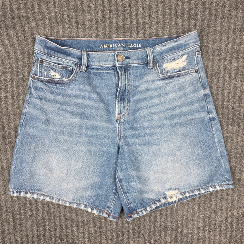 American Eagle 90s Boyfriend Bermuda Shorts Women's 14 Denim Distressed Med Wash